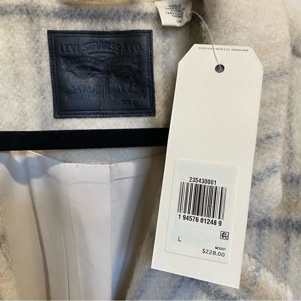 Levi’s Wool Cocoon Coat Plaid Cream Sz L NWT